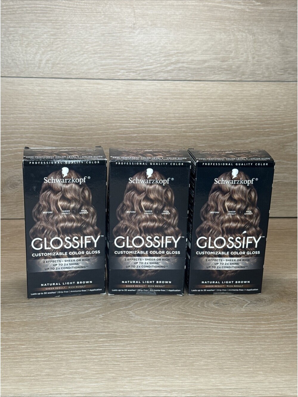 3 Pack Schwarzkopf Glossify Gloss Natual Light Brown Hair Color Application